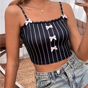 Dolly Pinstripe Bow Front Lace Cami Crop Top